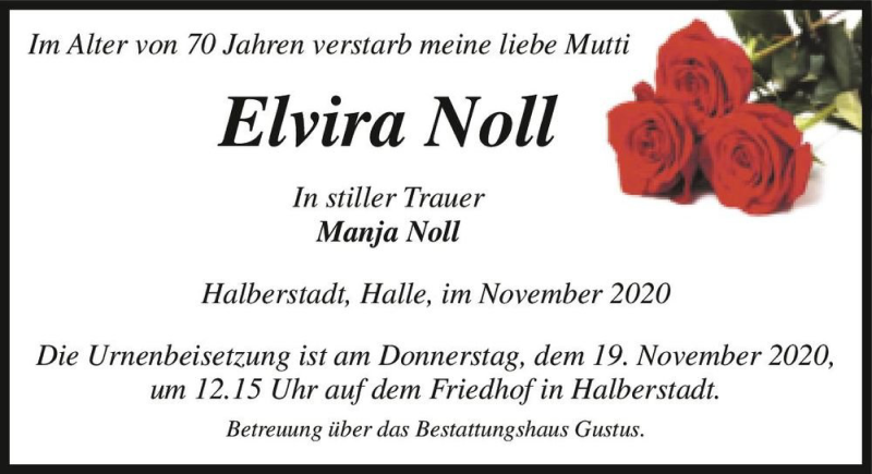 Traueranzeige für Elvira Noll  vom 07.11.2020 aus Magdeburger Volksstimme