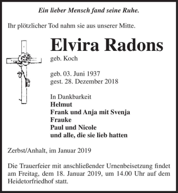 Traueranzeige von Elvira Radons (geb. Koch)  von Magdeburger Volksstimme