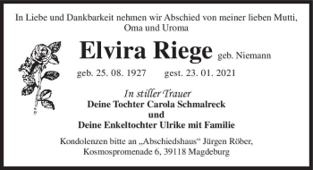 Traueranzeige von Elvira Riege (geb. Niemann)  von Magdeburger Volksstimme