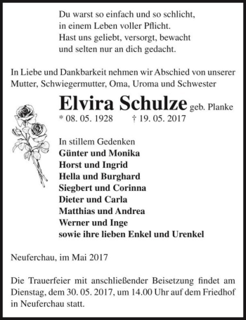Traueranzeige von Elvira Schulze (geb. Planke)  von Magdeburger Volksstimme
