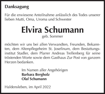 Traueranzeige von Elvira Schumann (geb. Sommer)  von Magdeburger Volksstimme