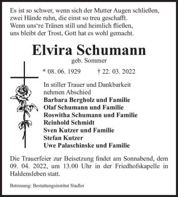 Traueranzeige von Elvira Schumann (geb. Sommer)  von Magdeburger Volksstimme