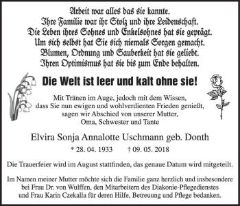 Traueranzeige von Elvira Sonja Annalotte Uschmann (geb. Donth)  von Magdeburger Volksstimme