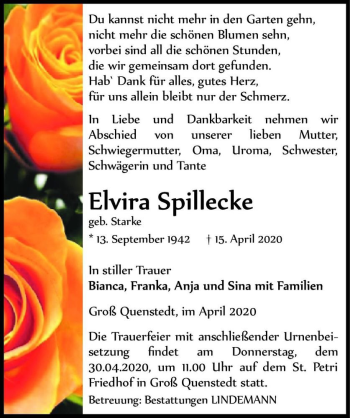 Traueranzeige von Elvira Spillecke (geb. Starke)  von Magdeburger Volksstimme