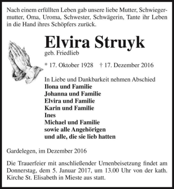 Traueranzeige von Elvira Struyk (geb. Friedlieb)  von Magdeburger Volksstimme