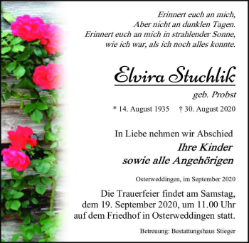 Traueranzeige von Elvira Stuchlik (geb. Probst)  von Magdeburger Volksstimme