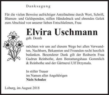 Traueranzeige von Elvira Uschmann (geb. Donth)  von Magdeburger Volksstimme