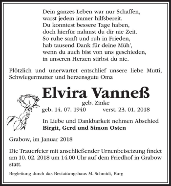 Traueranzeige von Elvira Vanneß (geb. Zinke)  von Magdeburger Volksstimme