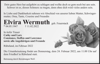 Traueranzeige von Elvira Wermuth (geb. Feuerstack)  von Magdeburger Volksstimme