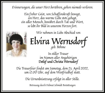 Traueranzeige von Elvira Wernsdorf (geb. Böhme)  von Magdeburger Volksstimme
