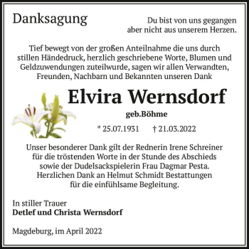 Traueranzeige von Elvira Wernsdorf (geb. böhme)  von Magdeburger Volksstimme