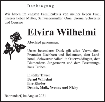 Traueranzeige von Elvira Wilhelmi  von Magdeburger Volksstimme