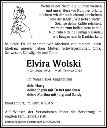 Traueranzeige von Elvira Wolski  von Magdeburger Volksstimme