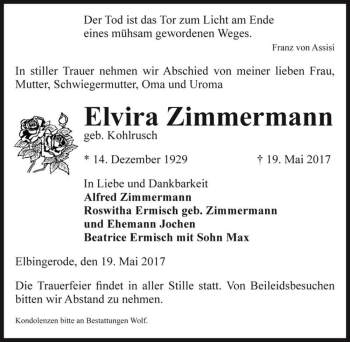Traueranzeige von Elvira Zimmermann (geb. Kohlrusch)  von Magdeburger Volksstimme