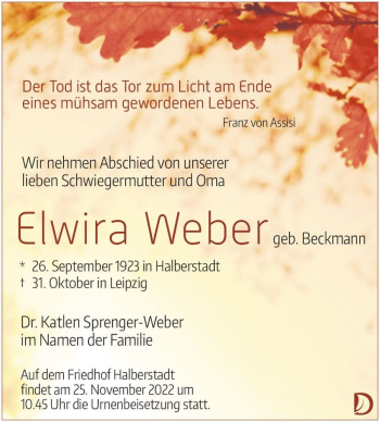 Traueranzeige von Elwira Weber (geb. Beckmann)  von Magdeburger Volksstimme
