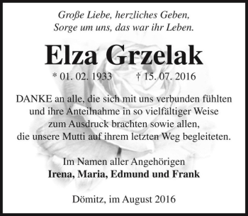 Traueranzeige von Elza Grzelak  von Magdeburger Volksstimme