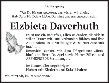 Traueranzeige von Elzbieta Daverhuth  von Magdeburger Volksstimme