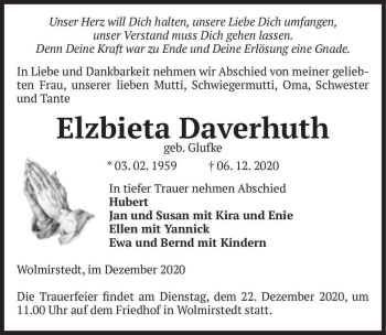 Traueranzeige von Elzbieta Daverhuth (geb. Glufke)  von Magdeburger Volksstimme