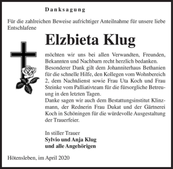 Traueranzeige von Elzbieta Klug  von Magdeburger Volksstimme