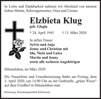 Traueranzeige von Elzbieta Klug (geb. Glagla)  von Magdeburger Volksstimme