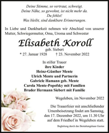 Traueranzeige von Elísabeth Koroll (geb. Siebert)  von Magdeburger Volksstimme