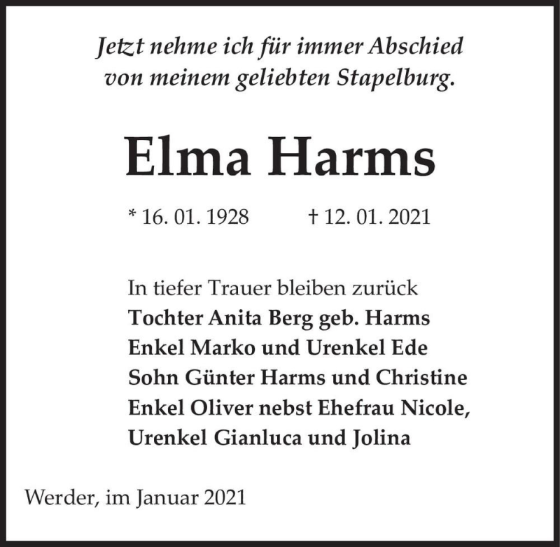  Traueranzeige für Ema Harms  vom 23.01.2021 aus Magdeburger Volksstimme