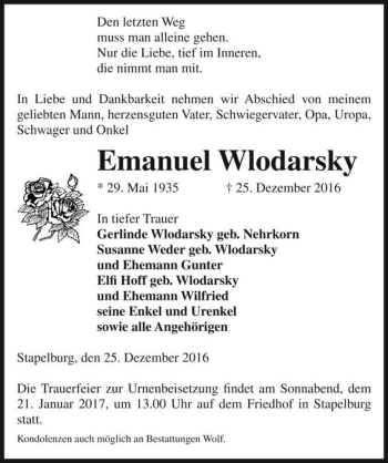 Traueranzeige von Emanuel Wlodarsky  von Magdeburger Volksstimme