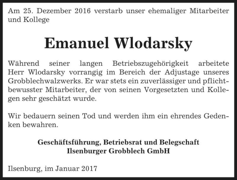  Traueranzeige für Emanuel Wlodarsky  vom 17.01.2017 aus Magdeburger Volksstimme
