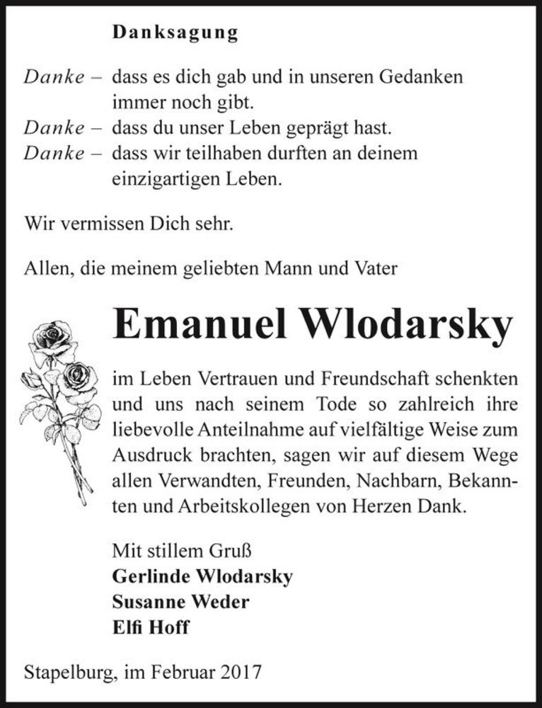  Traueranzeige für Emanuel Wlodarsky  vom 14.02.2017 aus Magdeburger Volksstimme