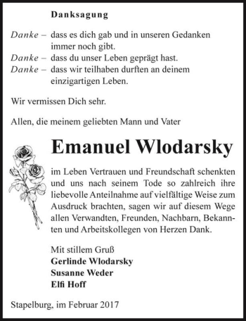 Traueranzeige von Emanuel Wlodarsky  von Magdeburger Volksstimme