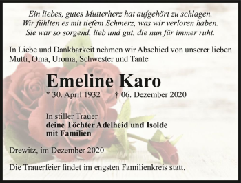 Traueranzeige von Emeline Karo  von Magdeburger Volksstimme
