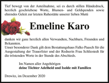 Traueranzeige von Emeline Karo  von Magdeburger Volksstimme