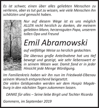 Traueranzeige von Emil Abramowski  von Magdeburger Volksstimme