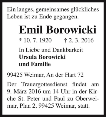Traueranzeige von Emil Borowicki  von Magdeburger Volksstimme