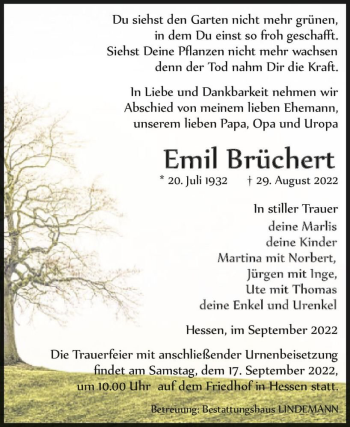 Traueranzeige von Emil Brüchert  von Magdeburger Volksstimme