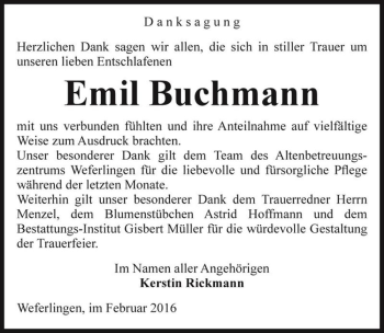 Traueranzeige von Emil Buchmann  von Magdeburger Volksstimme