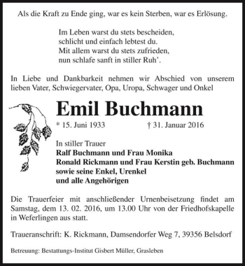 Traueranzeige von Emil Buchmann  von Magdeburger Volksstimme
