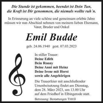 Traueranzeige von Emil Budde  von Magdeburger Volksstimme