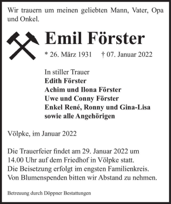 Traueranzeige von Emil Förster  von Magdeburger Volksstimme