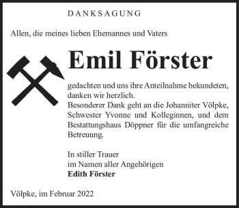 Traueranzeige von Emil Förster  von Magdeburger Volksstimme