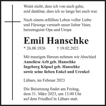 Traueranzeige von Emil Hanschke  von Magdeburger Volksstimme