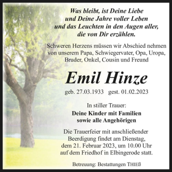Traueranzeige von Emil Hinze  von Magdeburger Volksstimme