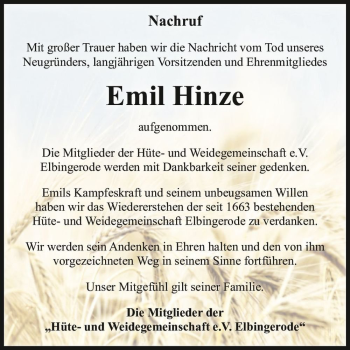Traueranzeige von Emil Hinze  von Magdeburger Volksstimme