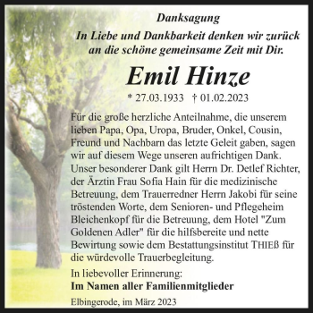 Traueranzeige von Emil Hinze  von Magdeburger Volksstimme
