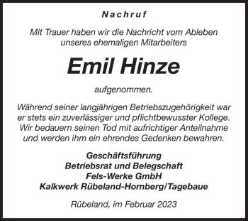 Traueranzeige von Emil Hinze  von Magdeburger Volksstimme