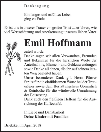 Traueranzeige von Emil Hoffmann  von Magdeburger Volksstimme