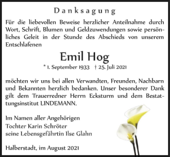 Traueranzeige von Emil Hog  von Magdeburger Volksstimme