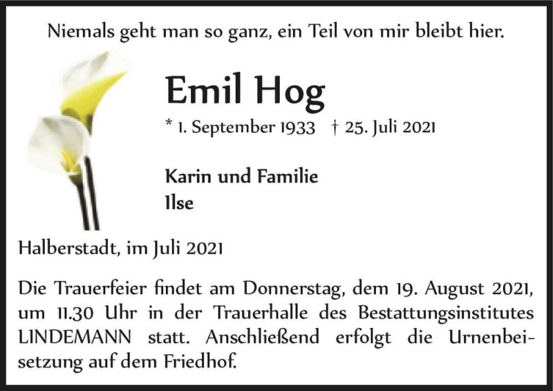 Traueranzeige für Emil Hog  vom 31.07.2021 aus Magdeburger Volksstimme