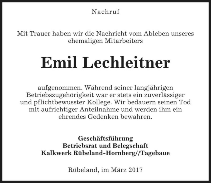  Traueranzeige für Emil Lechleitner  vom 07.04.2017 aus Magdeburger Volksstimme
