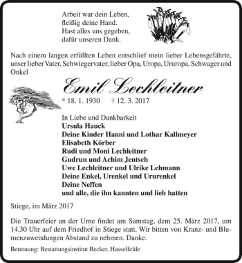 Traueranzeige von Emil Lechleitner  von Magdeburger Volksstimme